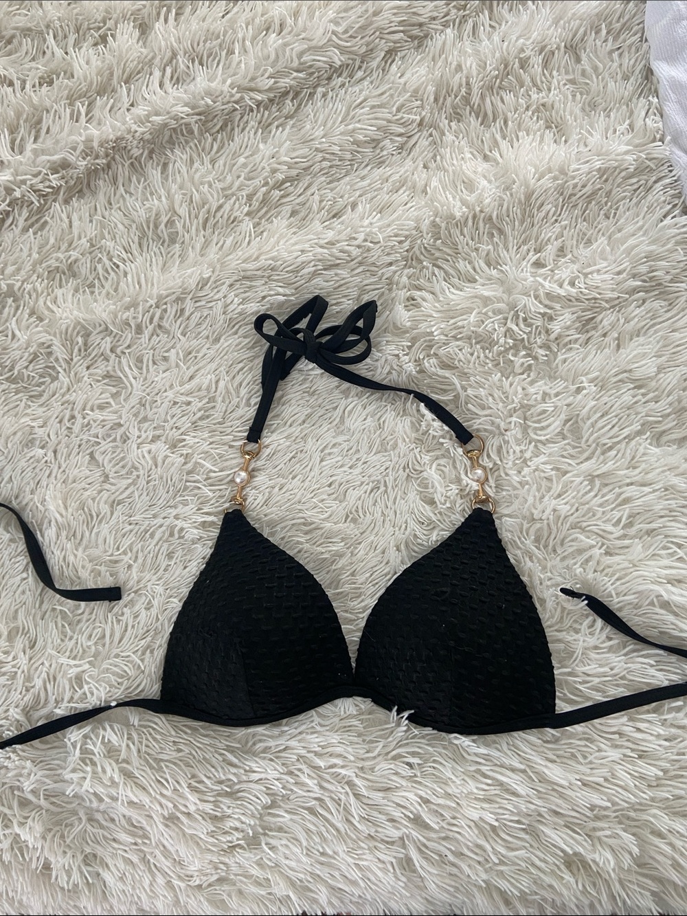 SHEIN Black Triangle Halter Bikini Top with Gold Accent